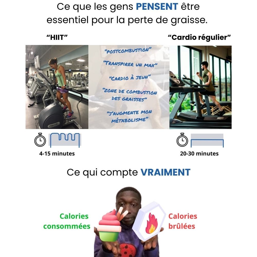 C'est l'équilibre énergétique qui compte vraiment pour perdre du gras. Combien de calories consommées vs combien de calories brûilées.